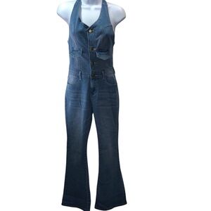 Akira Sz S Denim Flare Stretch Overalls Light-wash Festival Boho Casual Retro